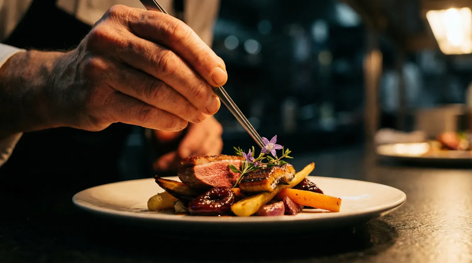 A chef finishing a plated dish